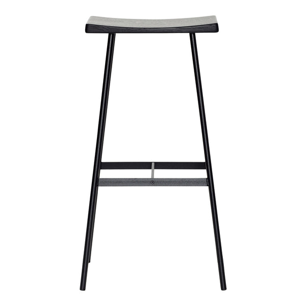 Sleek black bar stool with a smooth gray seat, featuring minimalist design and clean lines. Perfect for modern spaces.