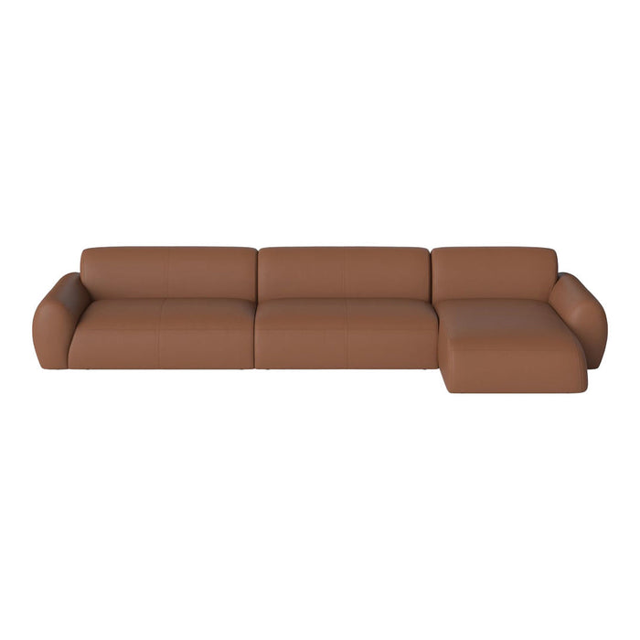Modern brown leather sectional sofa with a sleek design and soft texture, perfect for stylish living spaces.
