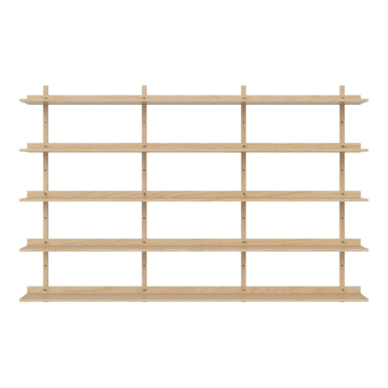 Light wooden shelving unit with a minimalist design, featuring multiple horizontal shelves arranged in a repeating pattern.
