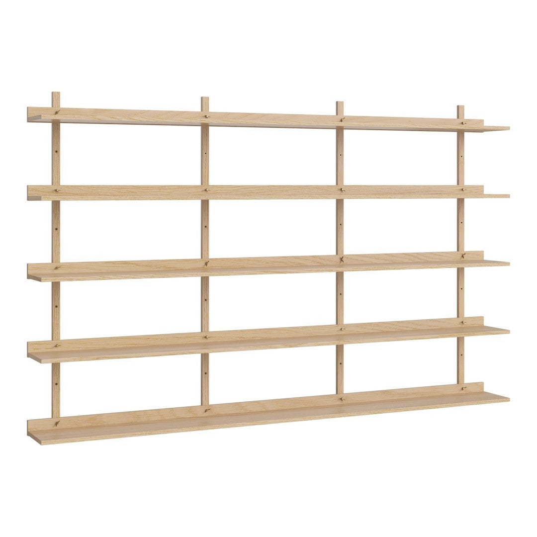 Natural wood shelving unit in light beige with clean, horizontal lines and a minimalist design. Ideal for organization.