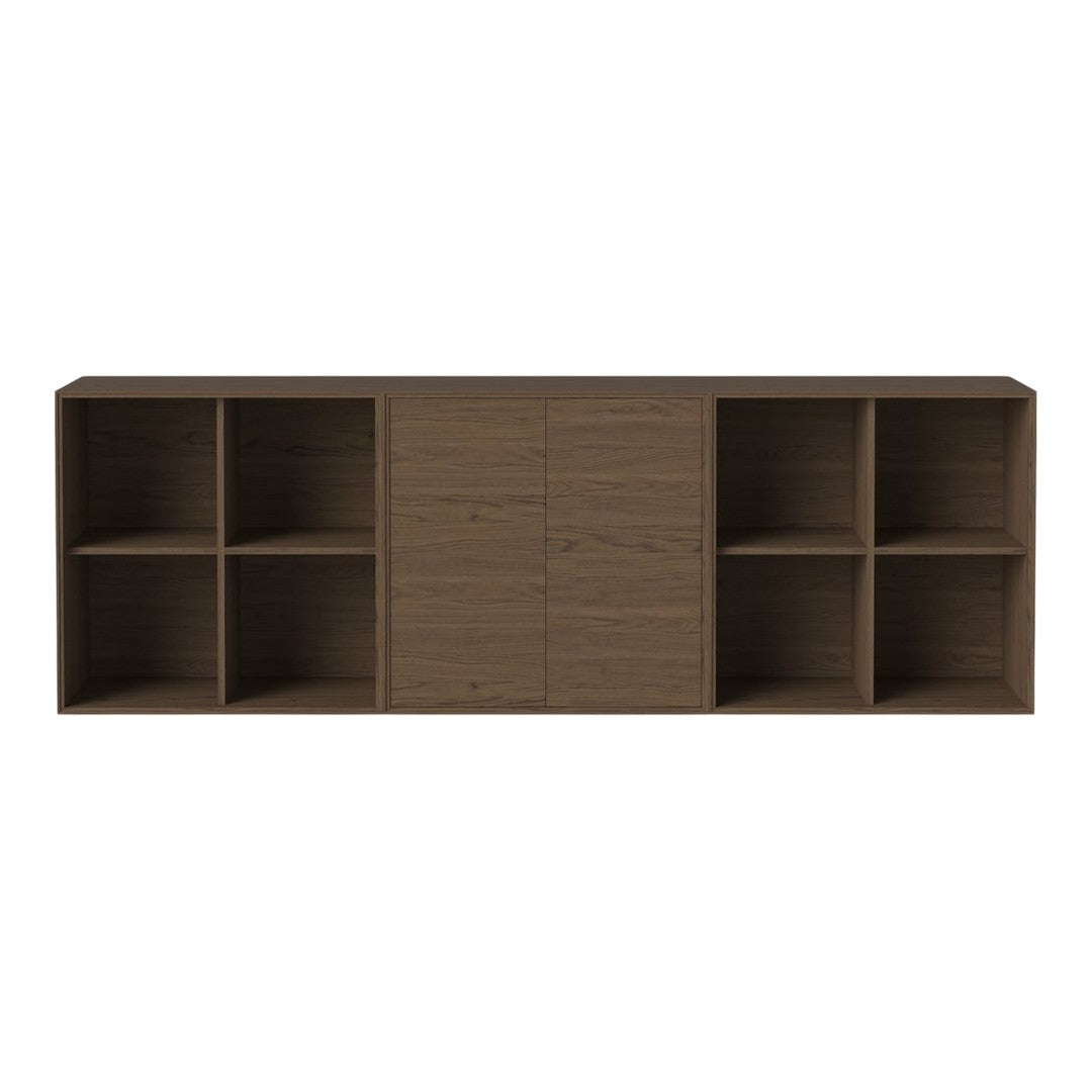 "Elegant brown wooden storage cabinet with a smooth finish and geometric cut-out patterns."