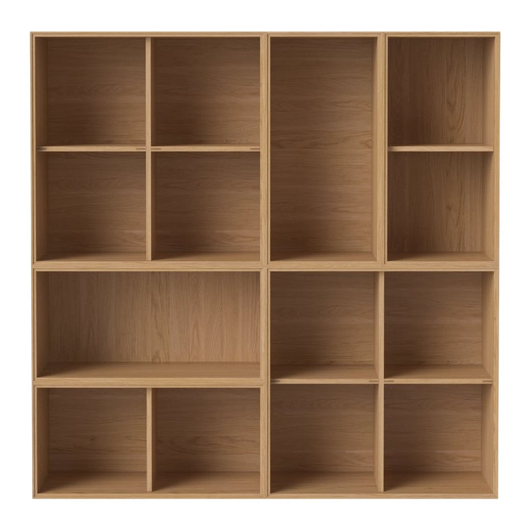 Light wooden shelving unit with a natural finish and clean, minimalist design featuring multiple open compartments.