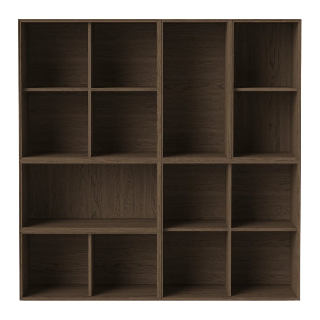 Brown modular bookshelf with a grid pattern featuring multiple open cubicles. Perfect for versatile storage solutions.