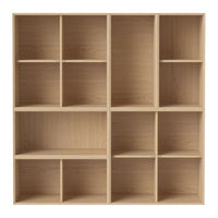 Light wood grain shelving unit with a clean, minimalist design featuring multiple open compartments.