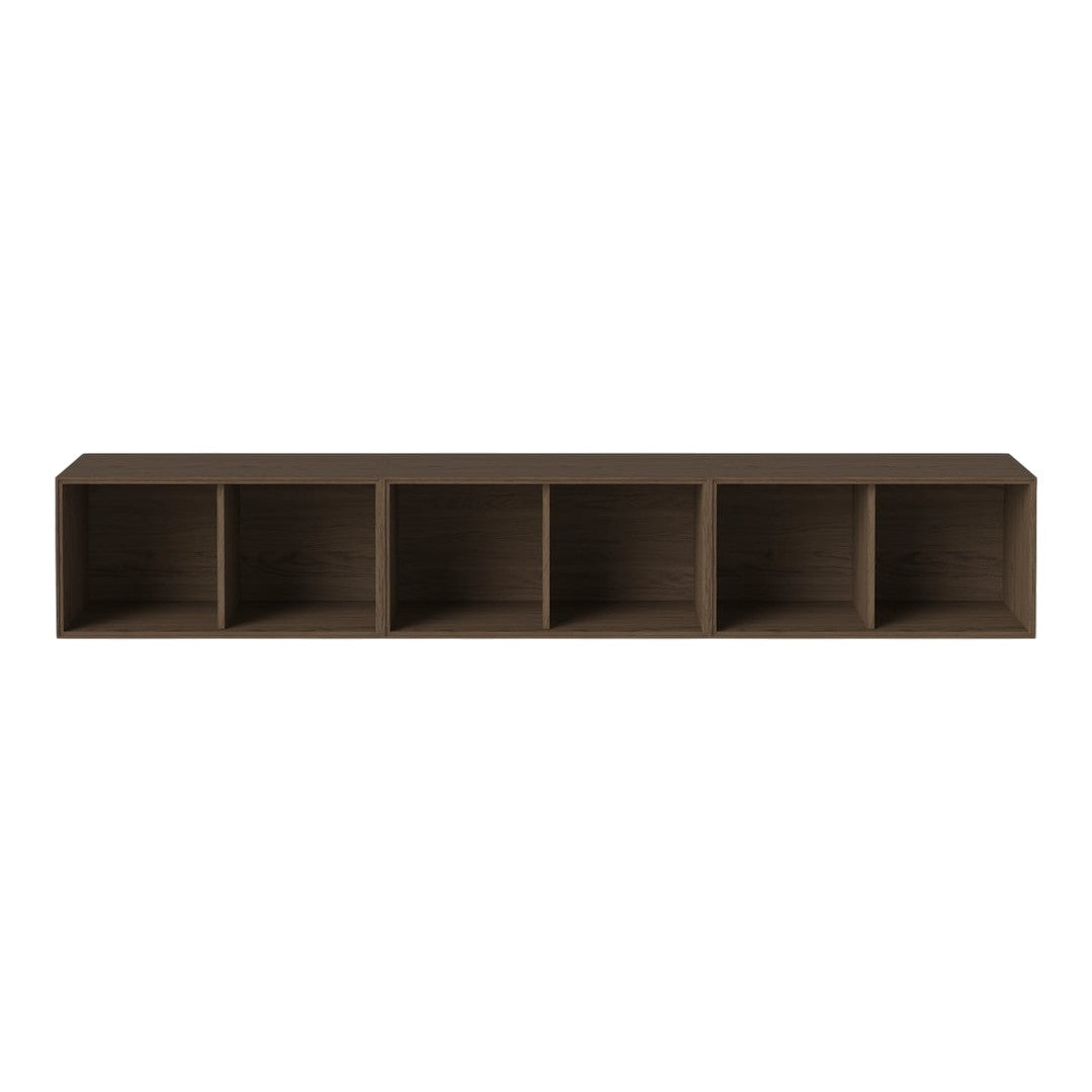 Sleek, dark brown wooden shelf with five open compartments, showcasing a modern, minimalist design.