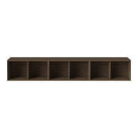 Sleek, dark brown wooden shelf with five open compartments, showcasing a modern, minimalist design.