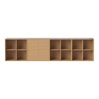 Minimalist light wood TV stand with nine open cubbies and two central drawers, showcasing a natural grain pattern.
