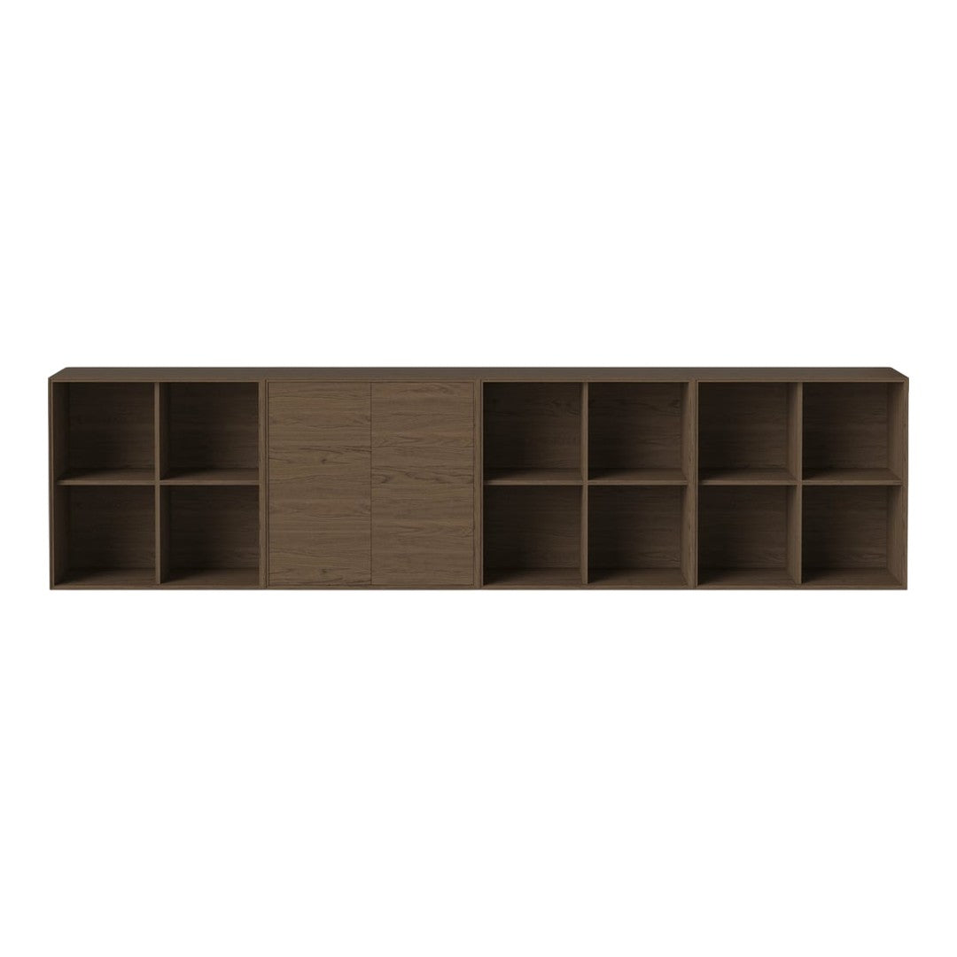 Brown wooden storage unit with a clean, minimalistic design and alternating open and closed shelving patterns.