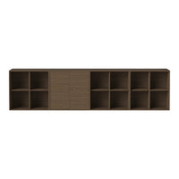 Brown wooden storage unit with a clean, minimalistic design and alternating open and closed shelving patterns.