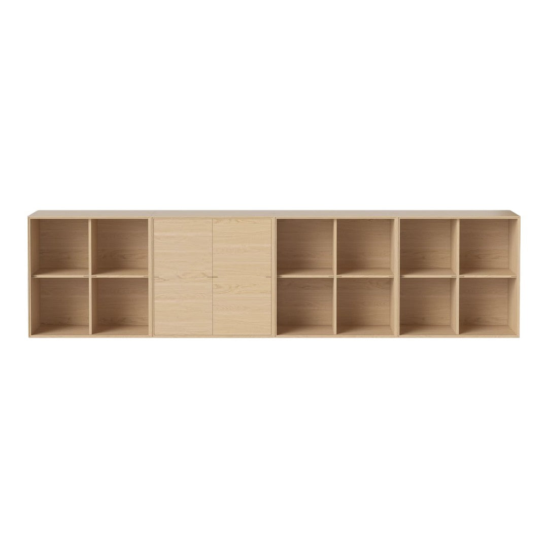 Light wood-colored storage shelf with a smooth finish and simple, modern design featuring evenly spaced compartments.