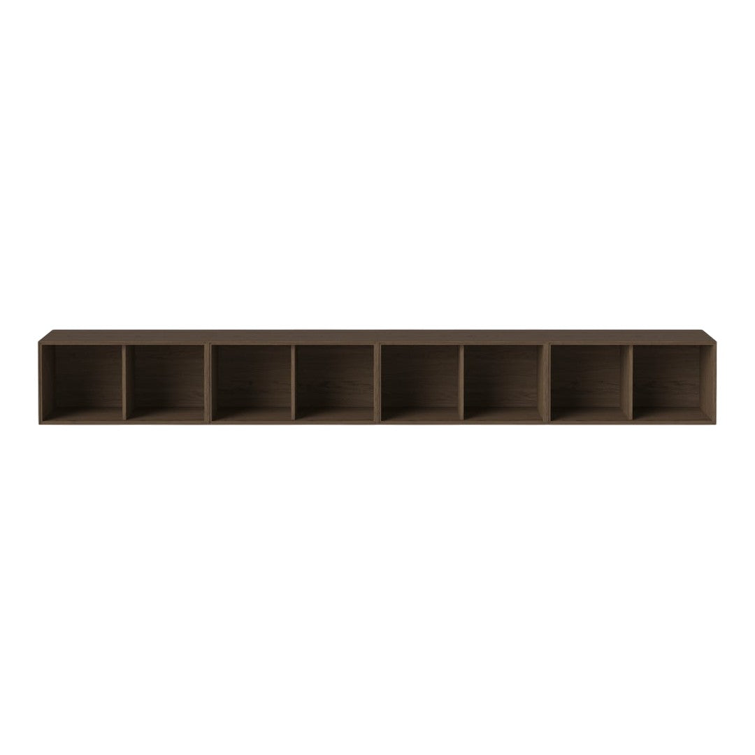Long brown shelf with a smooth finish and six evenly spaced cubbies. Modern and minimalist design.