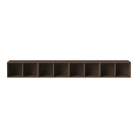 Long brown shelf with a smooth finish and six evenly spaced cubbies. Modern and minimalist design.