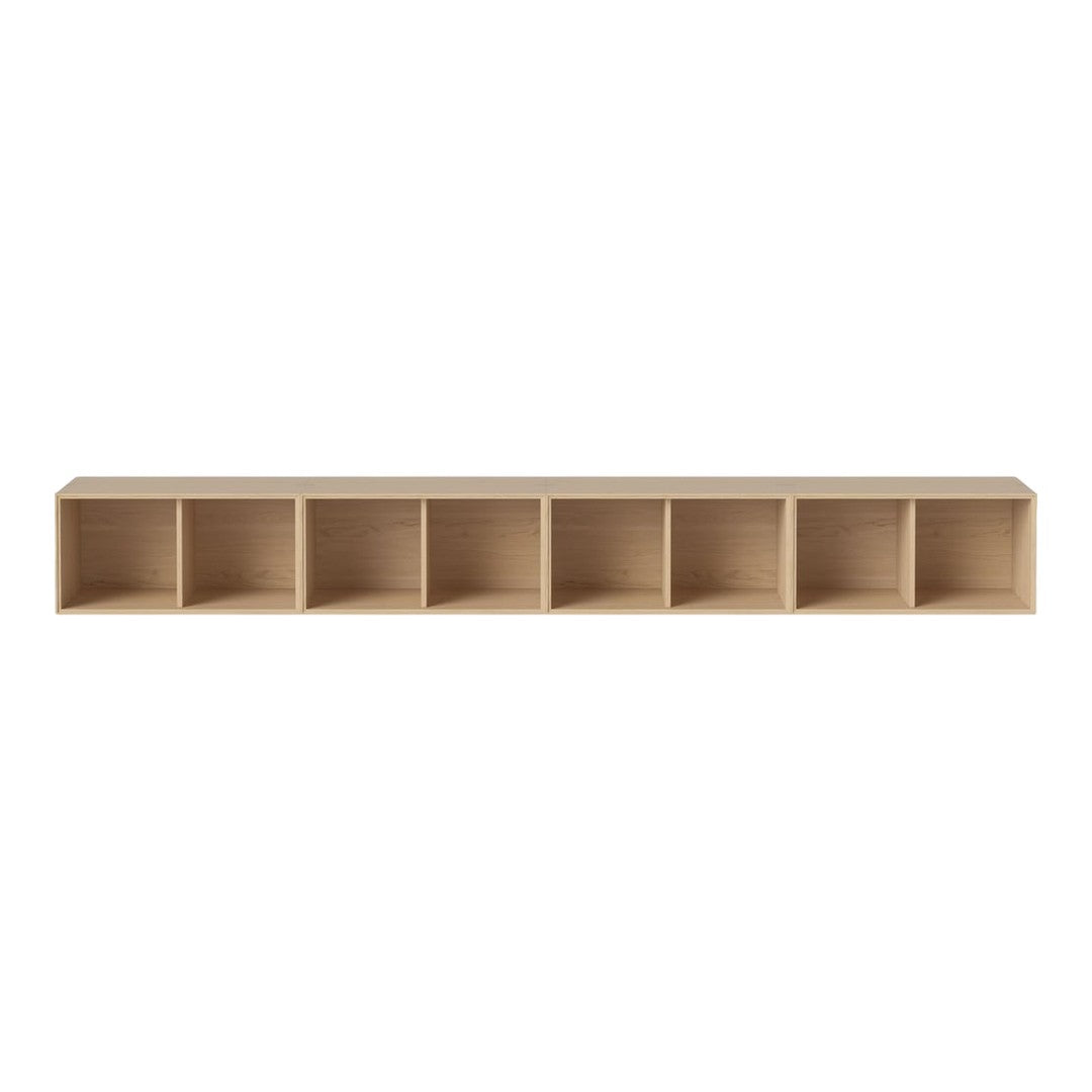 Natural wood shelving unit with a light beige finish and six open compartments. Simple, modern design.
