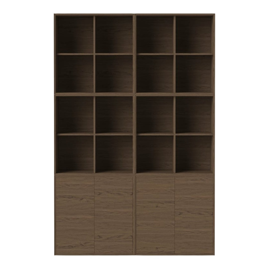 Dark wood bookcase with a modern design, featuring 16 open cubby spaces and a smooth, textured finish.