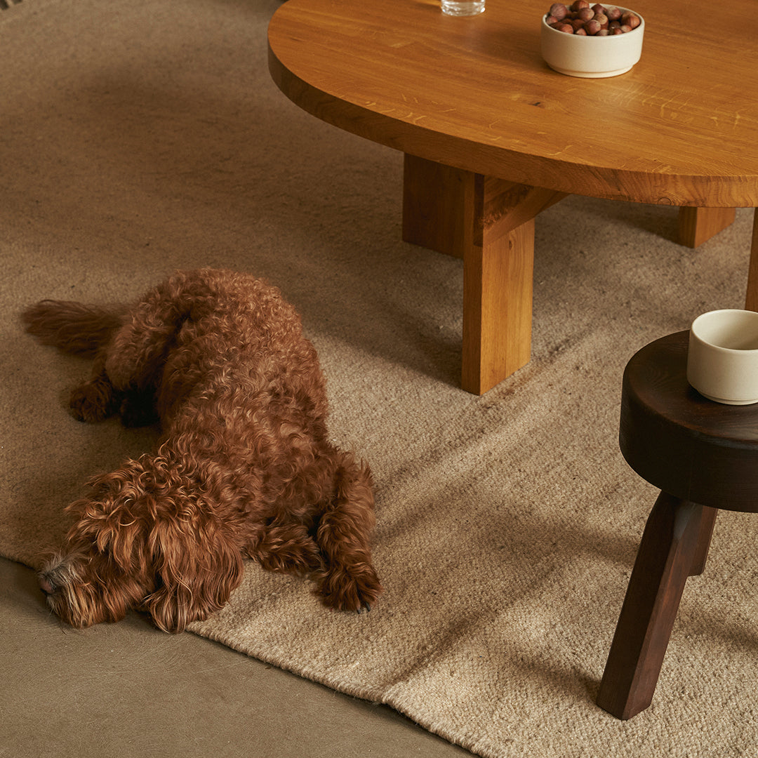 Textured beige rug with soft, neutral tones, complemented by a wooden table and dark brown stool.