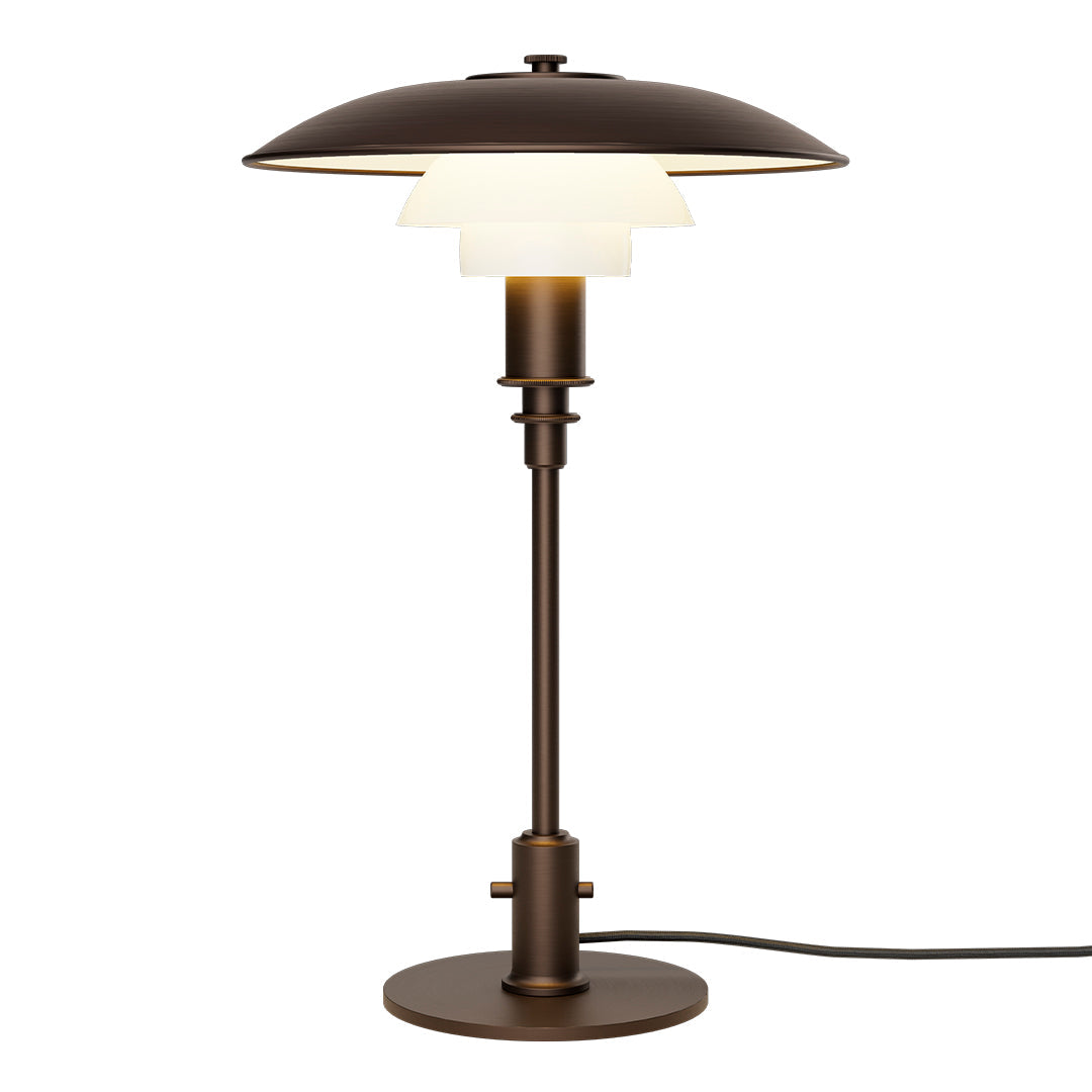 Bronze table lamp with layered white glass shade, showcasing a modern, minimalist design.
