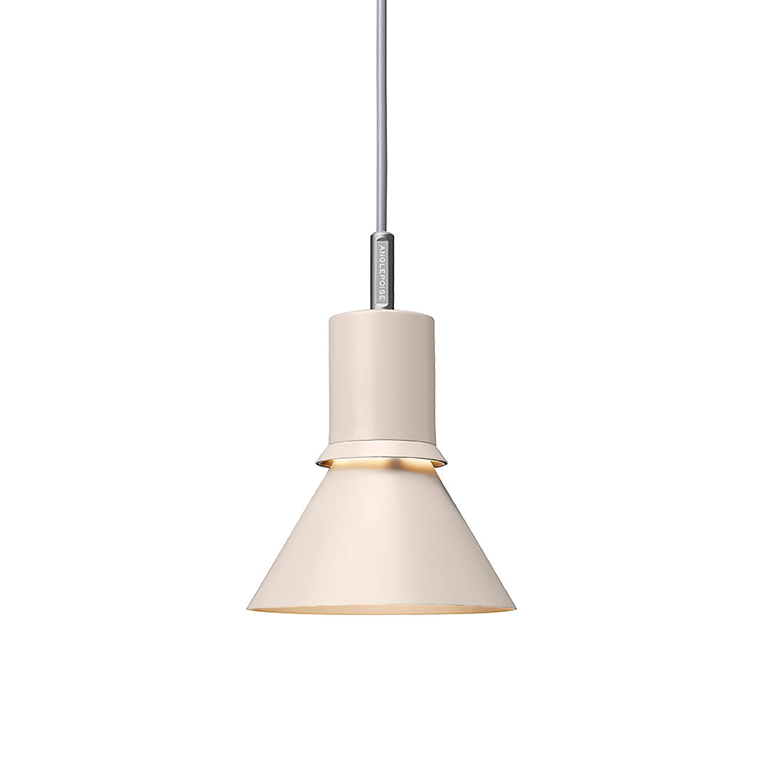 Beige cone-shaped pendant lamp with a sleek silver detail, featuring a smooth, modern design.
