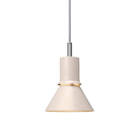 Beige cone-shaped pendant lamp with a sleek silver detail, featuring a smooth, modern design.