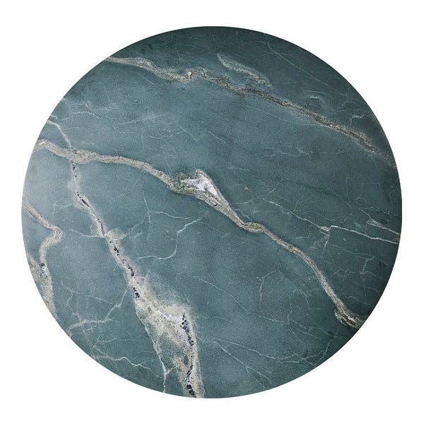 Round green marble surface featuring intricate white veining, creating a unique and elegant pattern.