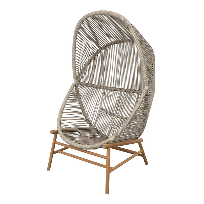 "Modern woven chair in soft gray with a distinctive pattern, featuring a natural wood frame for a stylish accent."