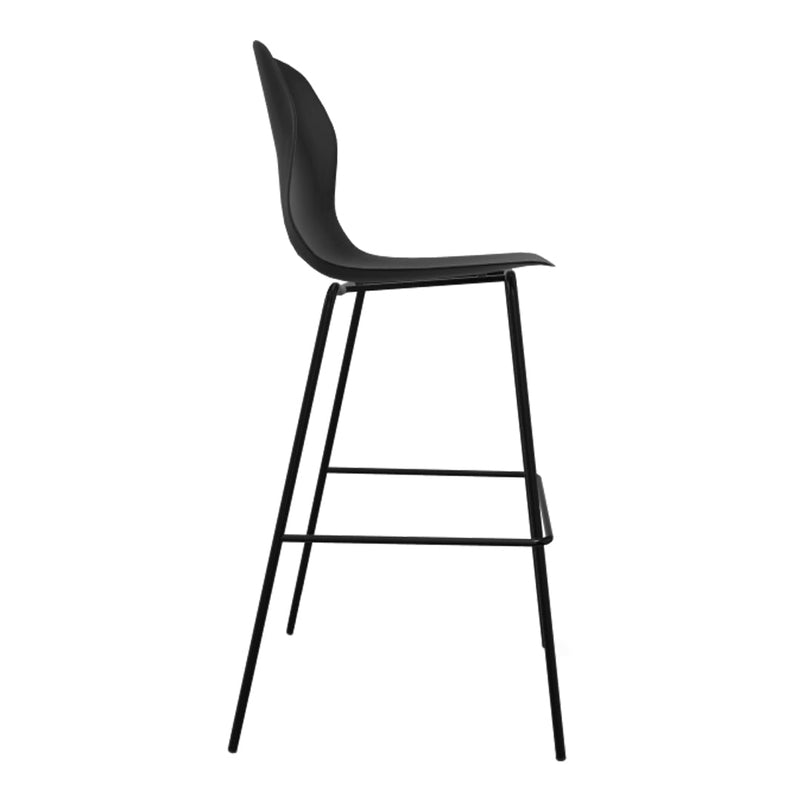 Black bar stool with a sleek silhouette and minimalist design, featuring a smooth seat and sturdy black metal legs.