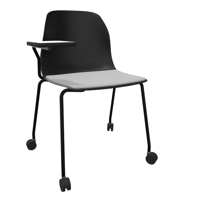 Black chair with a grey cushioned seat and a sleek, modern design featuring a minimalist pattern.