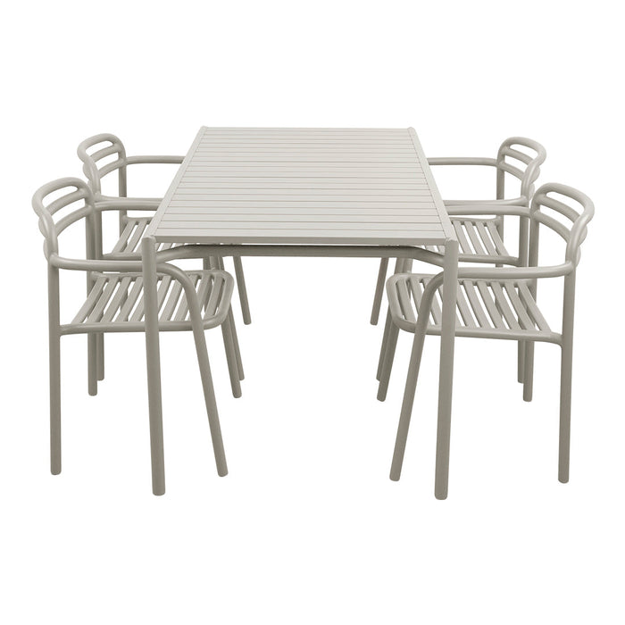 Light gray outdoor dining table with four matching chairs, featuring a sleek slatted design. Perfect for modern patios.