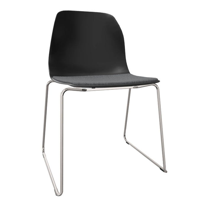 Black plastic chair with a grey upholstered seat and sleek chrome legs, perfect for modern decor.
