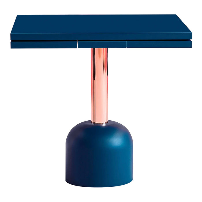 Modern navy blue table with a sleek rose gold cylindrical base and contrasting flat surface design.