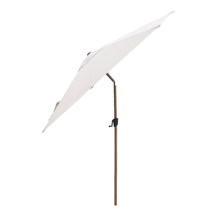 White outdoor umbrella with a sleek, minimalist design and a sturdy brown frame, perfect for sun protection.