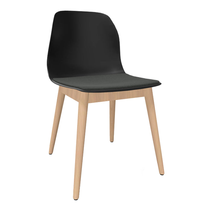 Stylish black plastic chair with a smooth finish and natural wood legs, perfect for modern decor.