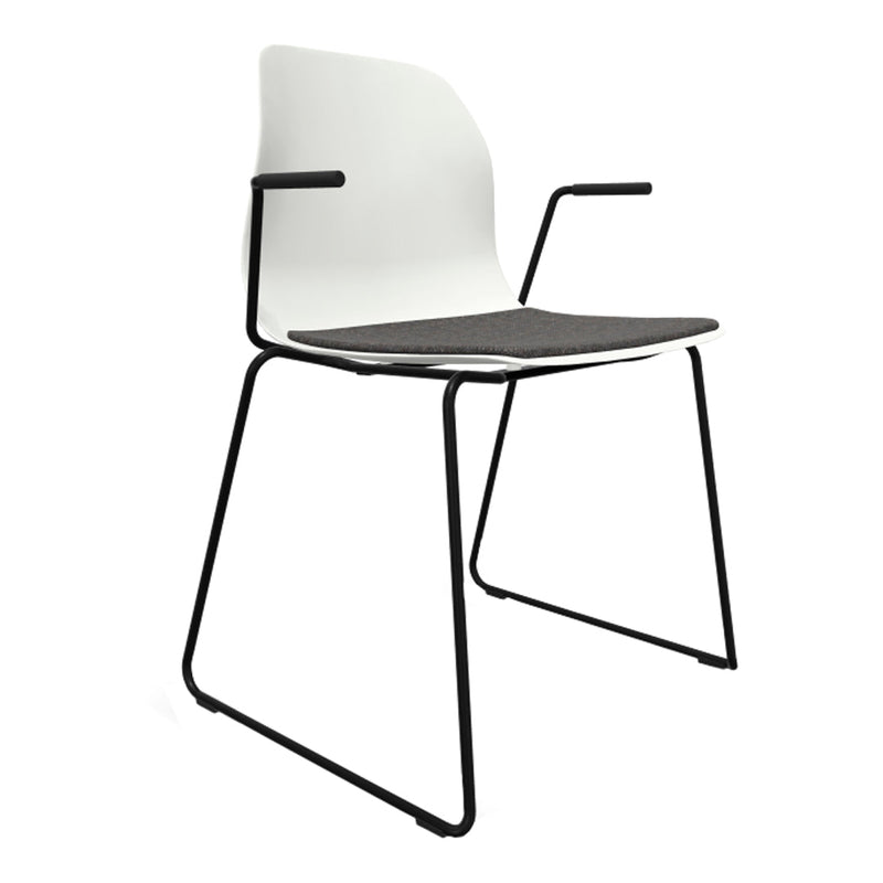 White chair with a gray seat cushion and a sleek black metal frame, perfect for modern decor.