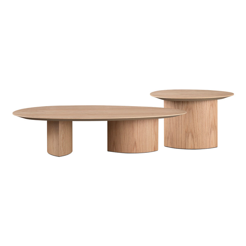 Light oak coffee tables with smooth surfaces and cylindrical bases, featuring a natural wood grain pattern.
