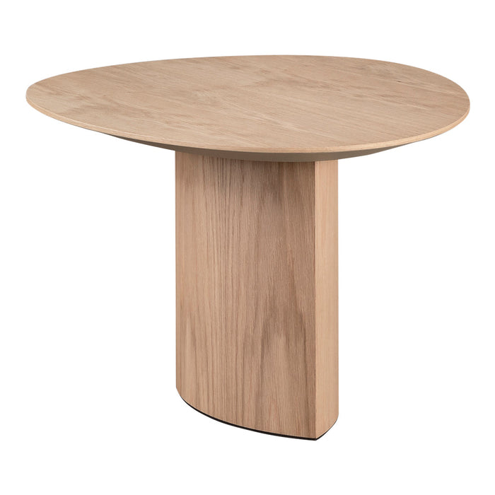 Round wooden side table in light oak finish, featuring a smooth top and textured cylindrical base.