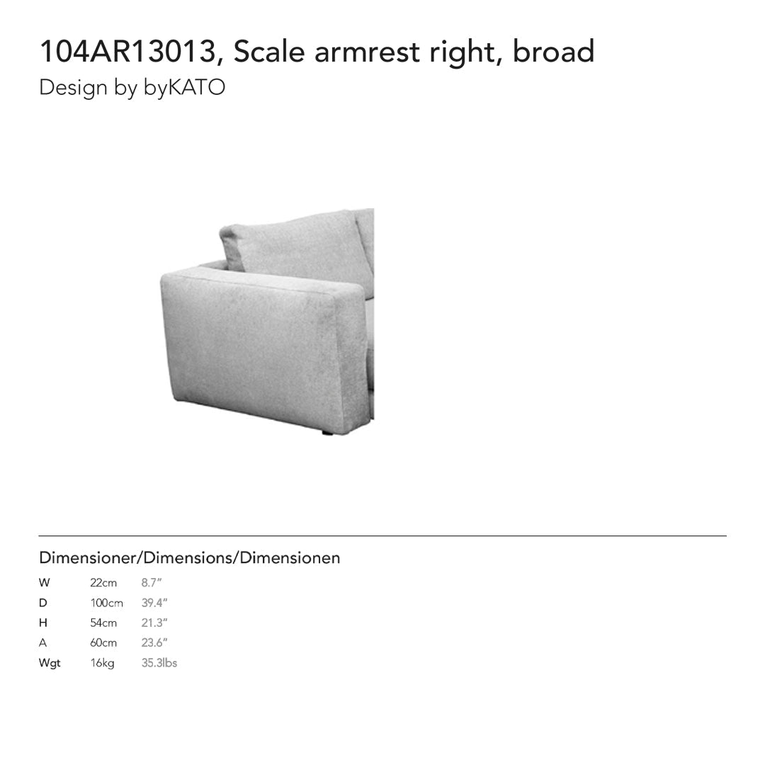 Broad armrest in a light gray fabric with a smooth, modern design. Ideal for contemporary seating arrangements.