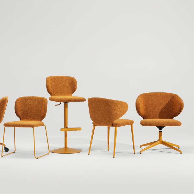 "Collection of modern chairs in warm mustard tones and soft textures, showcasing various patterns and stylish designs."