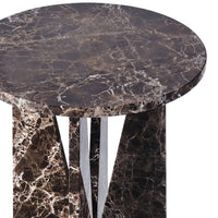 Elegant round table with a dark marble top featuring rich brown and black swirls, complemented by sleek silver accents.