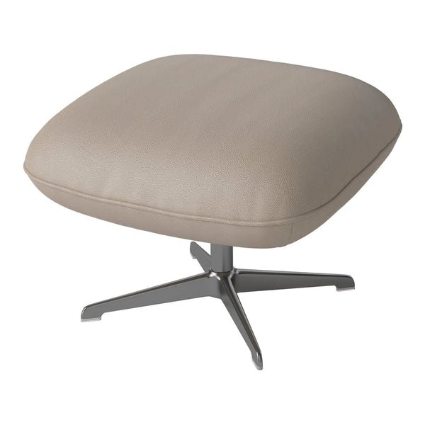 Light beige leather ottoman with a smooth texture and sleek silver metal base. Modern and minimalist design.