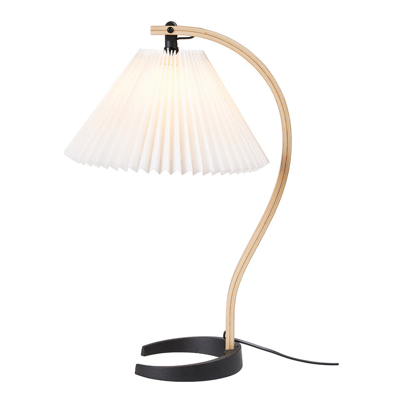 White pleated lampshade, natural wood base, and sleek black metal accents create a modern, elegant lighting design.