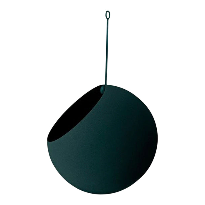 Black and matte green hanging planter with a unique asymmetrical design and rounded shape. Ideal for modern decor.