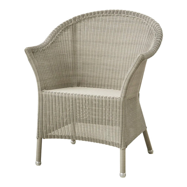 Light gray wicker armchair with a curved back and textured pattern, ideal for outdoor or indoor seating.