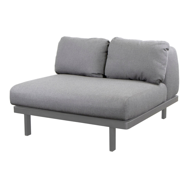 Gray lounge chair with a minimalist design, featuring two plush cushions and a sturdy gray frame.