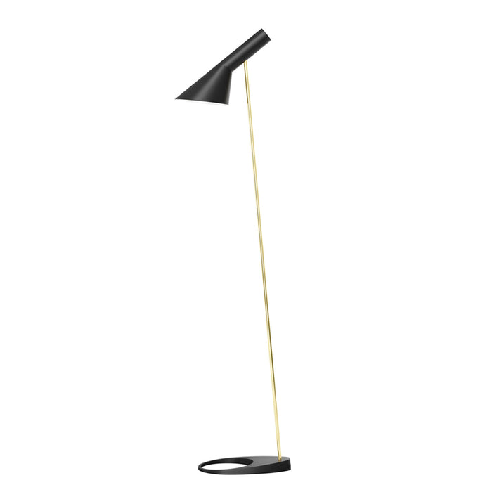 Black and gold modern floor lamp with a sleek design and minimalist pattern against a white backdrop.