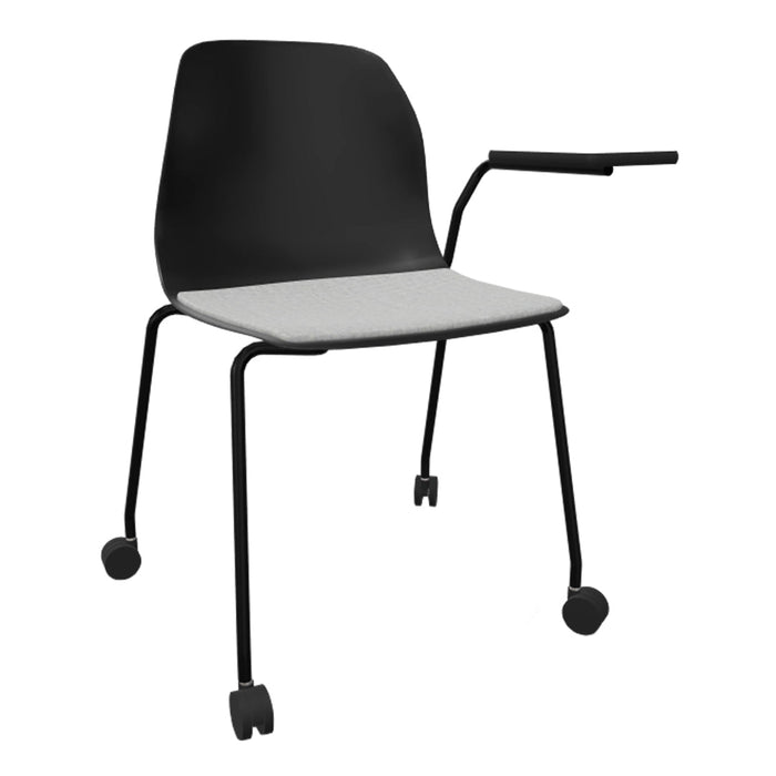 Black chair with a smooth finish and a light gray cushioned seat, featuring sleek, modern lines.