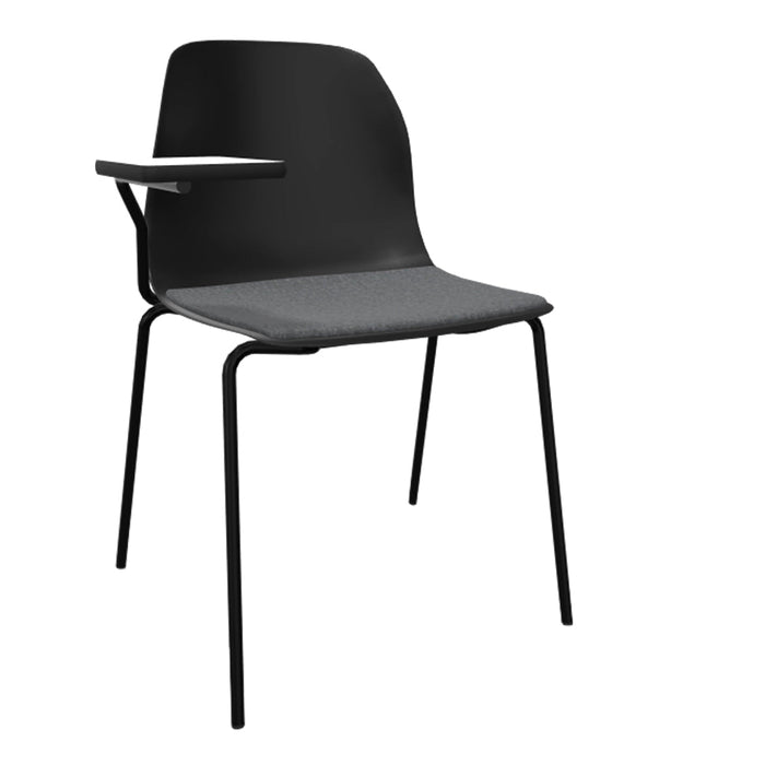 Black chair with a sleek design and a gray cushioned seat, featuring a modern pattern for contemporary spaces.