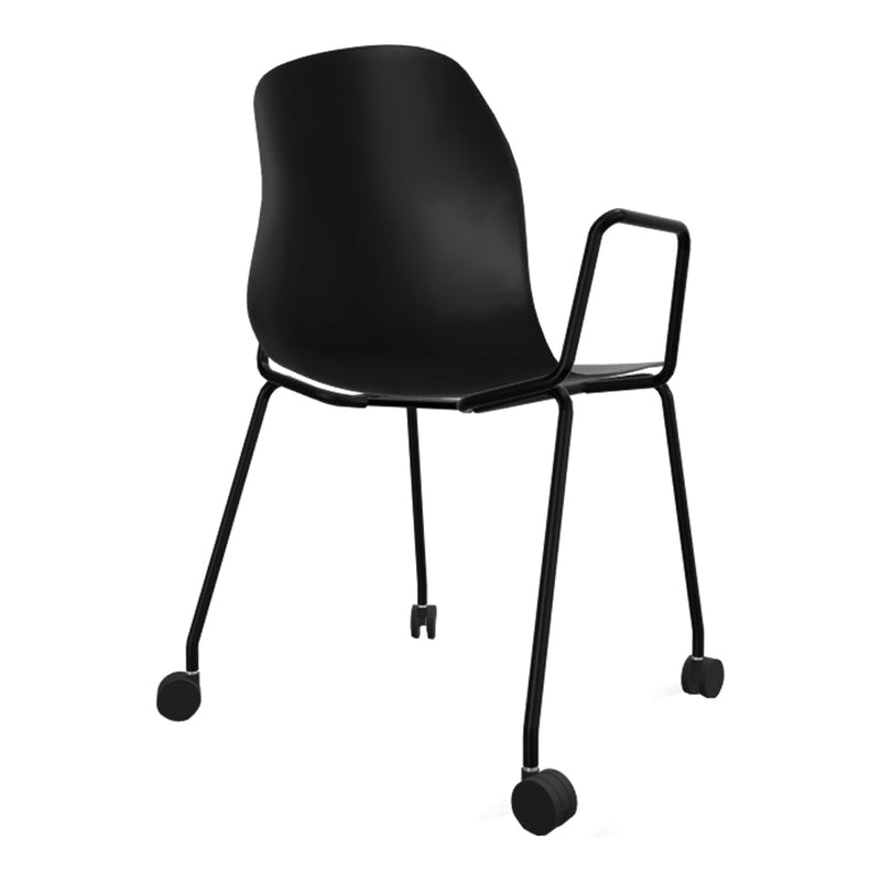 Black chair with a smooth, modern design and contrasting metallic legs. Ideal for sleek, contemporary spaces.