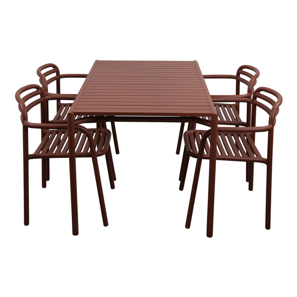 Brown slatted dining table with matching chairs, featuring a sleek, modern design ideal for outdoor settings.