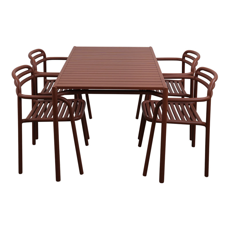 Brown slatted dining table with matching chairs, featuring a sleek, modern design ideal for outdoor settings.