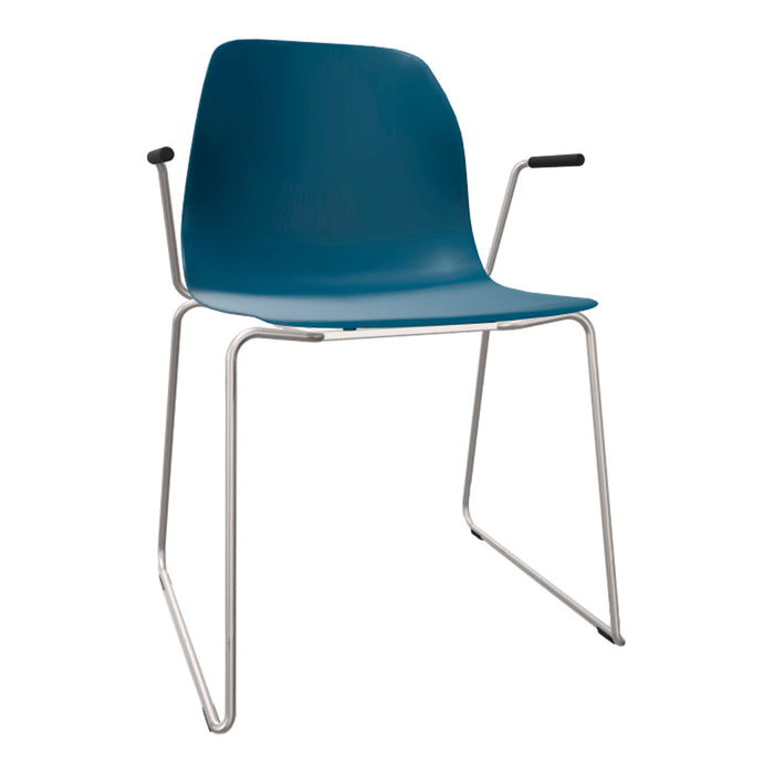 Teal chair with smooth plastic seat, stainless steel base, and black armrest grips, featuring a minimalist design.