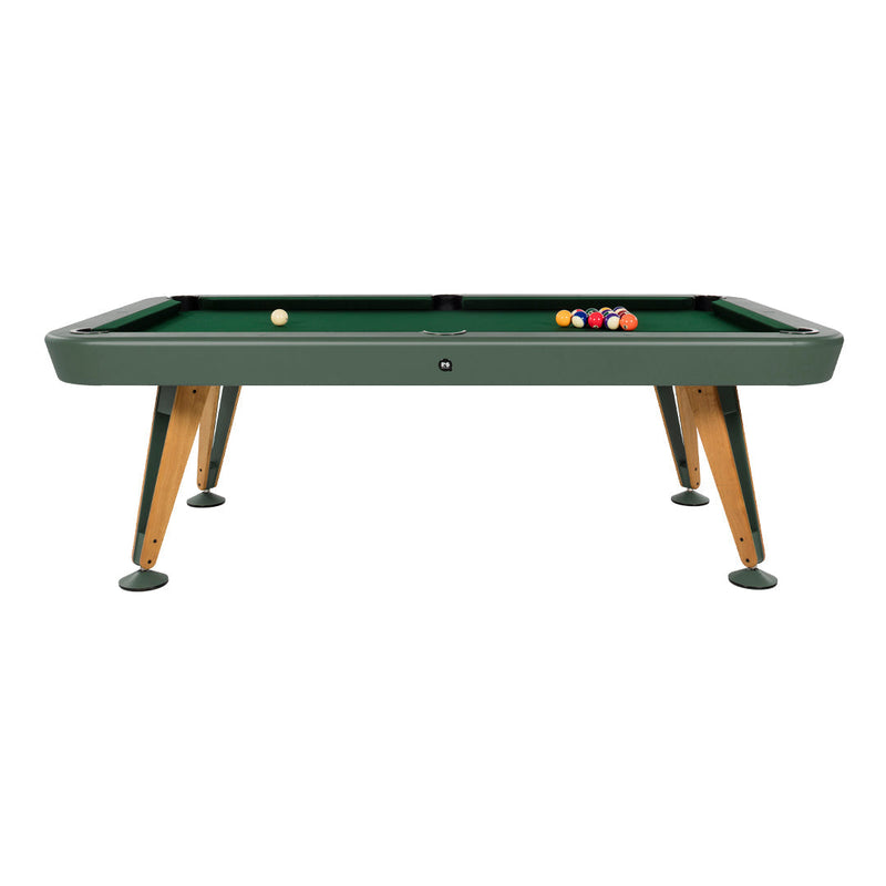 Green felt pool table with light wood legs and multi-colored billiard balls arranged at one end.
